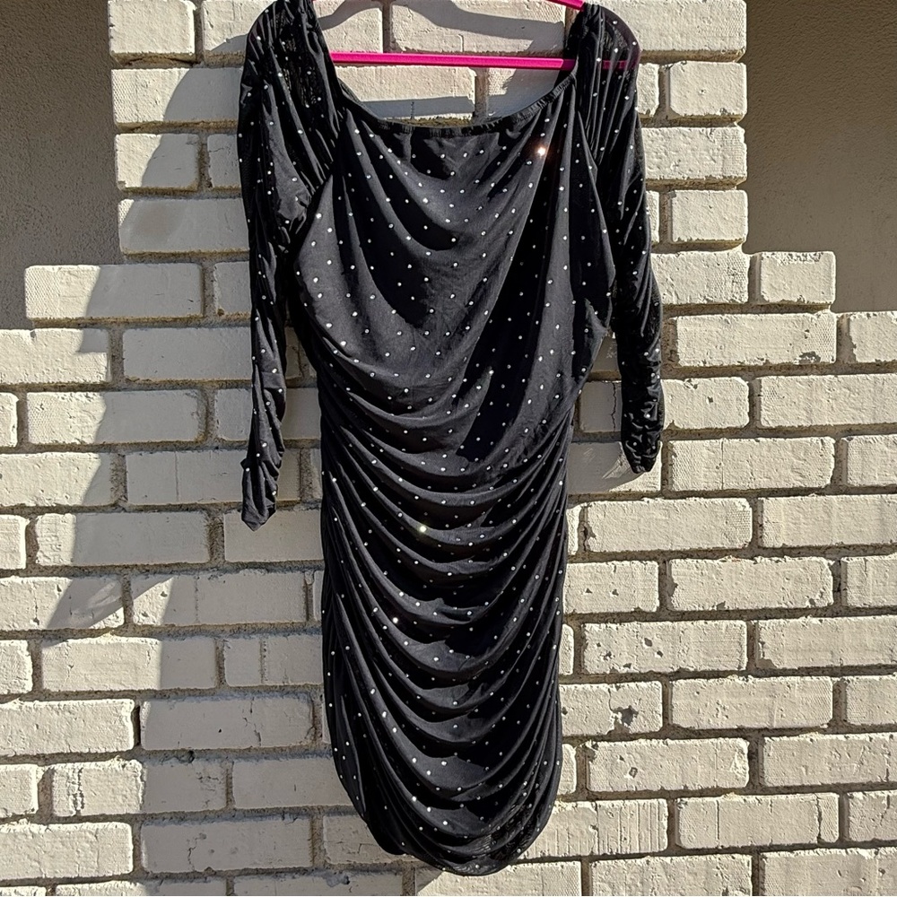 Zenobia Off the Shoulder Mesh Rhinestone Ruched Knee Length Dress Black- Size 2X